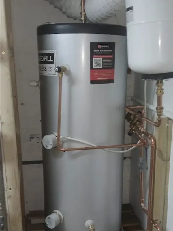 Unvented hot water cylinder installed with new copper pipework and expansion vessel
